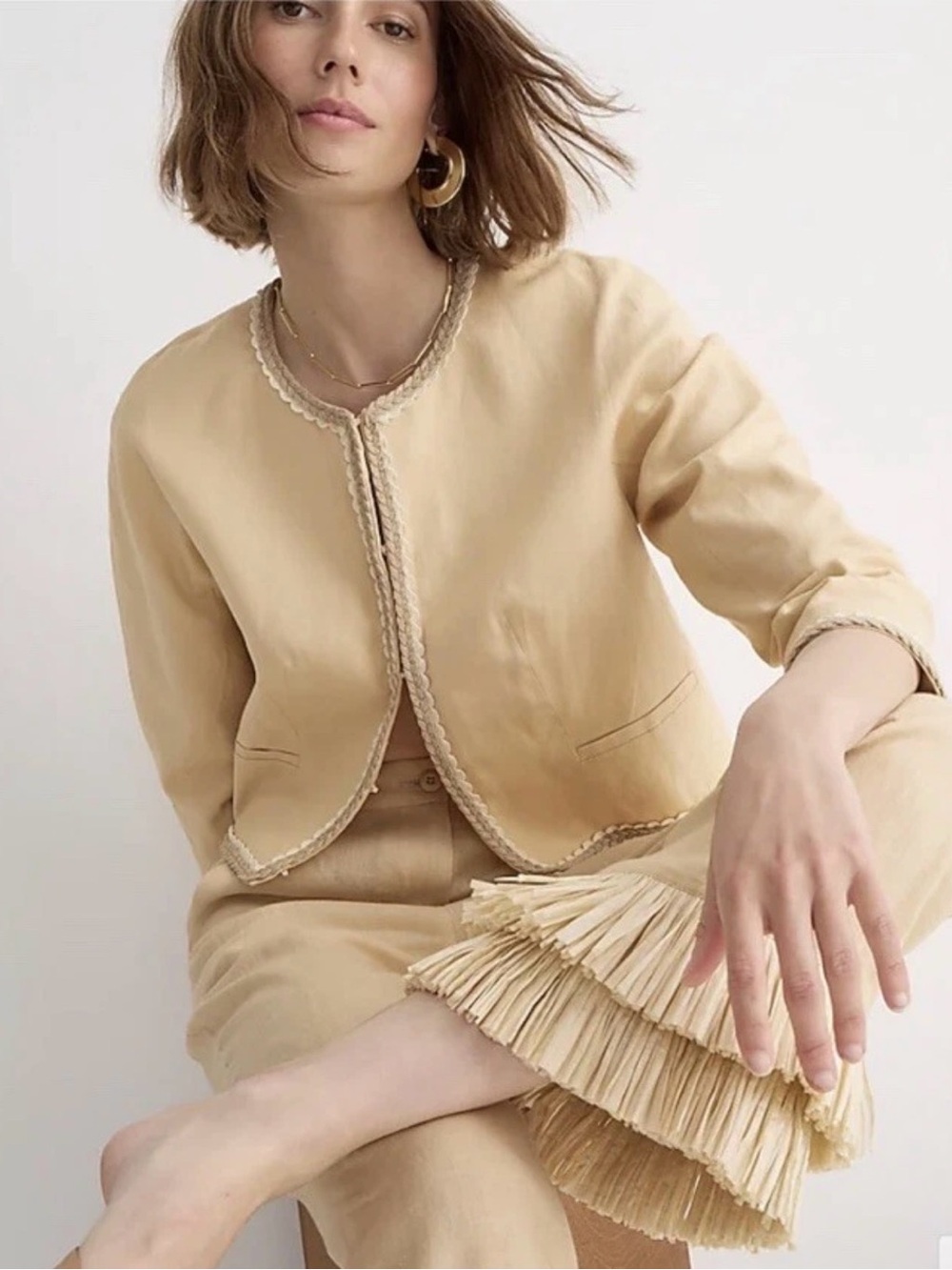 J. Crew Linen Cropped Lady Jacket Raffia Blazer in Buff Clay Beige Size 16